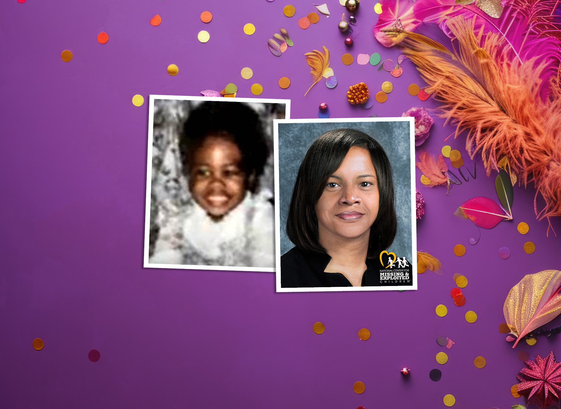 ramona at 3 and her age progression at 43 against purple background with mardi gras feathers and beads