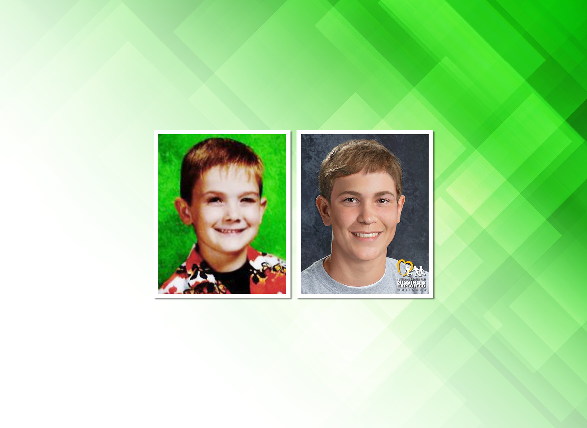 picture of timmothy as a child next to his age progression on green background