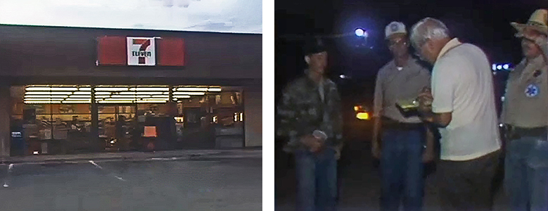 picture of the 7-11 where jennifer was last seen next to picture of a group of people about to search for jennifer