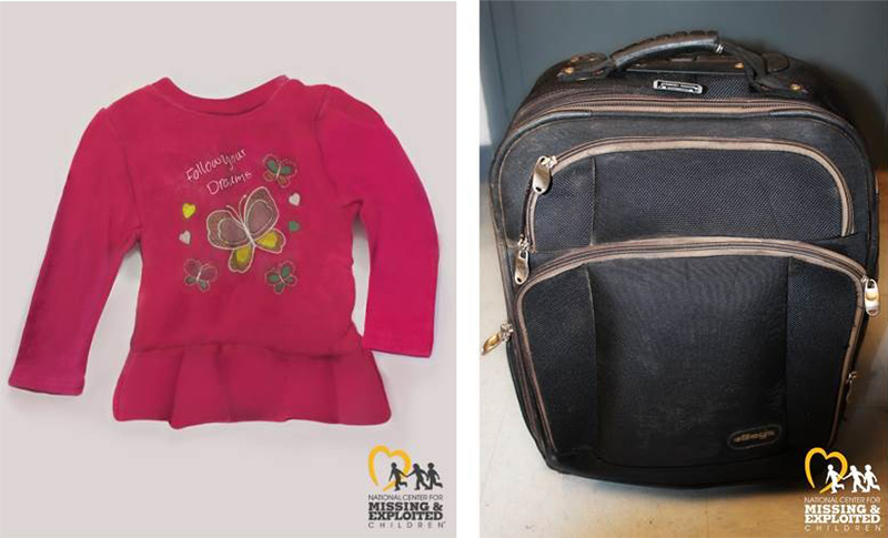 two images: one of pink shirt with butterfly on it; a black backpack