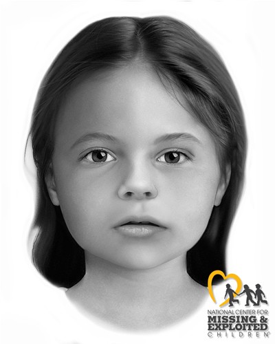 black and white facial reconstruction of female toddler with dark hair