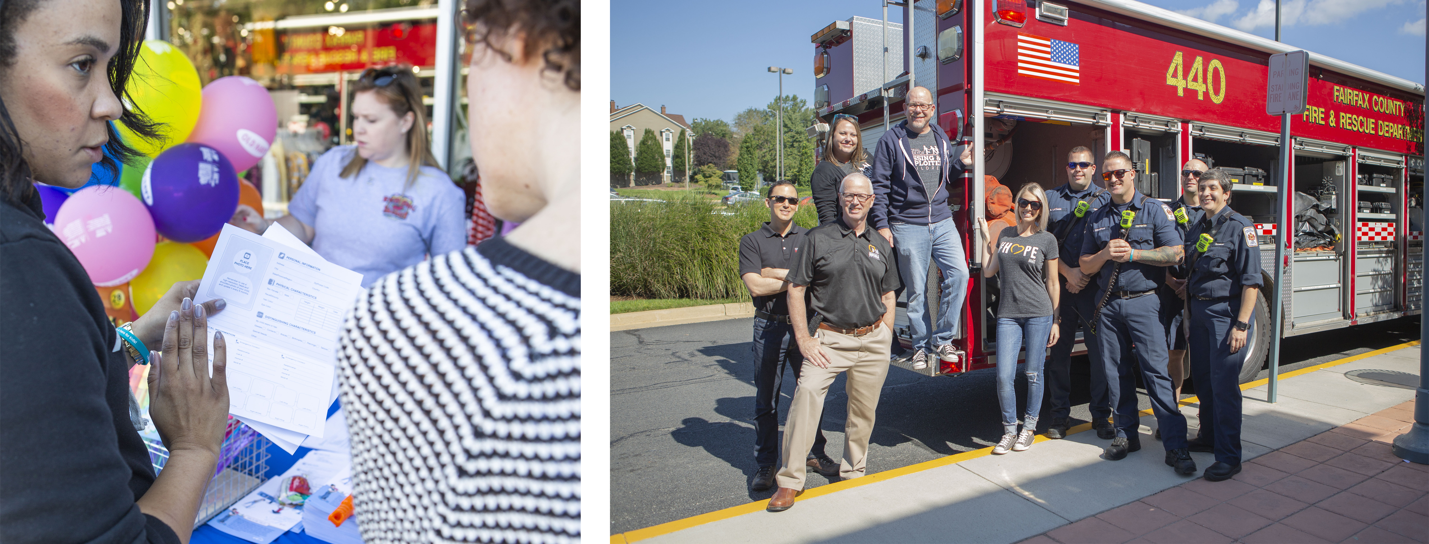 Volunteers standing in front of a fire truck talking to store patrons