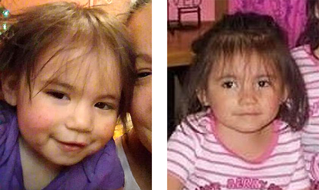 two images: first of arden as a toddler with messy hair; second of arden as a toddler wearing pink and white tee