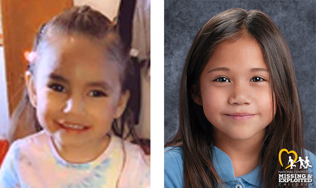 two images: one of 3 year old toddler with brown hair in pony tails; second is age progression of 8 year old tan skinned girl with long straight brown hair 