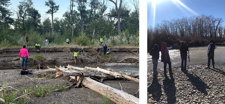 two photos, both of search parties: l: people search rugged wooded terrain; 2: people search along a riverbank