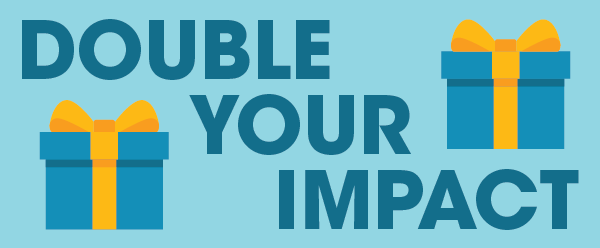 light blue background with dark blue text "double your impact" with dark blue presents with yellow bows on either side of text