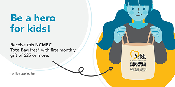 graphic with blue text on left side: "Be a hero for kids" with blue cartoon image of girl holding tote bag on yellow background