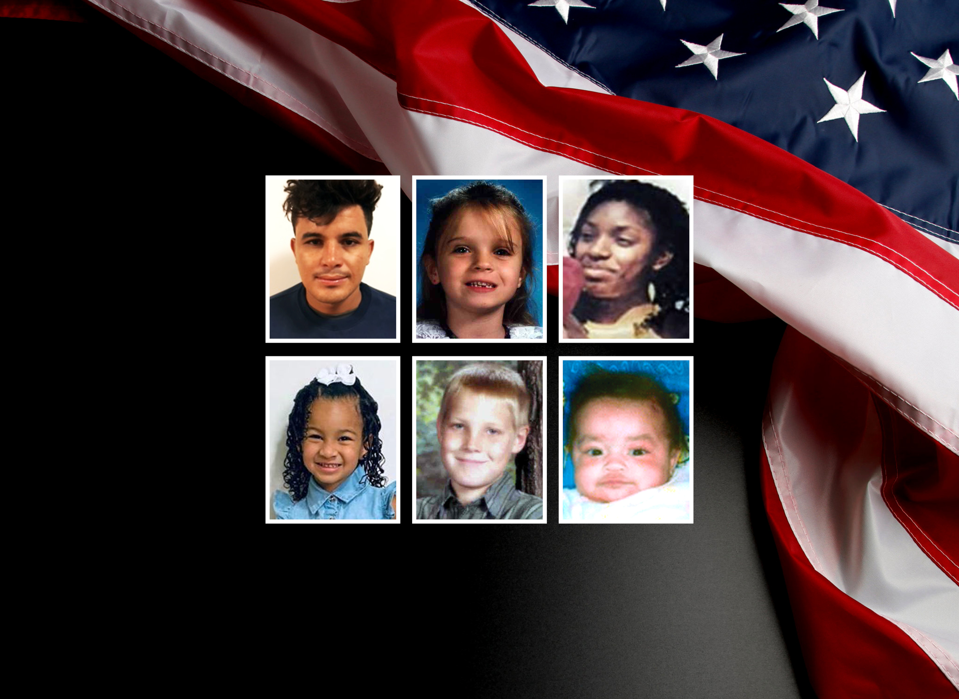 Missing Children images with U.S. flag in the background