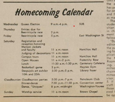 list of homecoming events on white paper in black ink