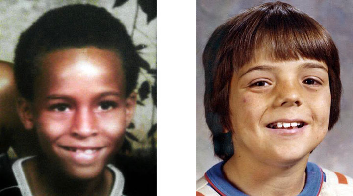 photo of james (age 14) black with short black hair; photo of chipley (age 13) white with brown hair in bowl cut