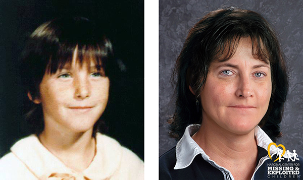photo of jennifer (age 11) with pale skin and dark hair with bangs wearing a white collared shirt next to her age progressed image of what she may look like at 48