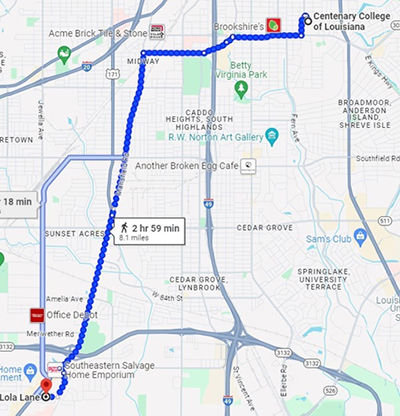 map of route david possible took, heading north then east from his house to the college