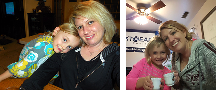 two photos of serenity and darcie, the first serenity has her head on darcie's shoulder and the second the two are holding teacups and smiling