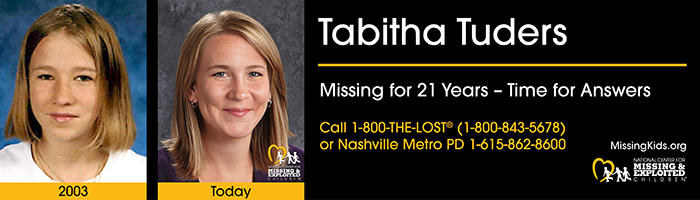 tabitha as a teen next to her AP with tipline phone numbers next to the images
