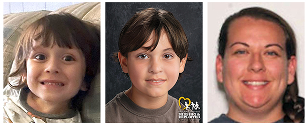 young boy with dark hair smiling; boy age progressed to 5; woman with dark hair in ponytail smiling