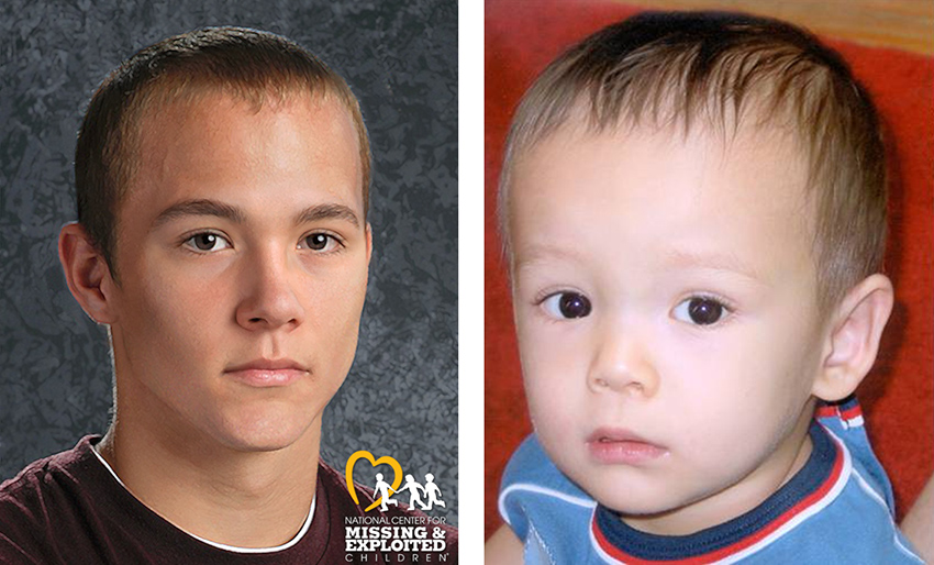age progression to 22 of young man with light hair and dark eyes; trenton at 2 with light hair and dark eyes