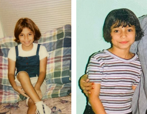yansis at 12 wears overalls and is smiling; yansis at 10 wears a striped shirt and is smiling with her mouth closed; both pictures she has short hair