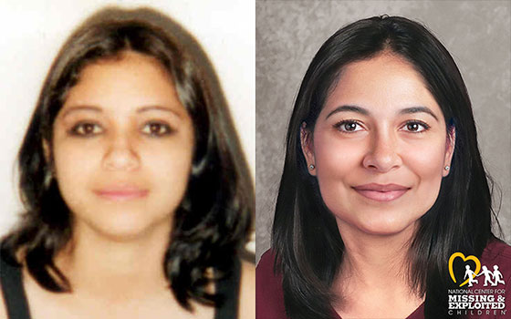 yansis at 15 (left) has shoulder length dark hair and is smiling with her mouth closed; age progressed to 30s (right)