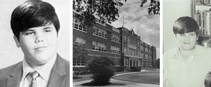 black and white photo of david (wearing suit, dark hair swept to side); brick building of school; second picture of david wearing collared shirt with similar dark hair swept to side