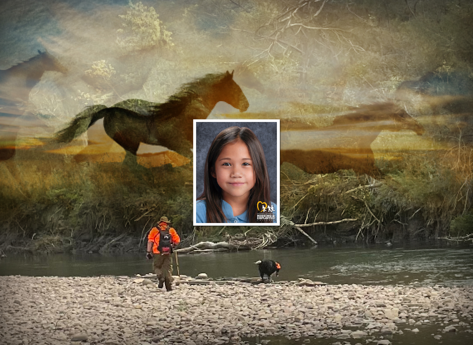 foreground image of native american girl with brown hair; background image of horse running