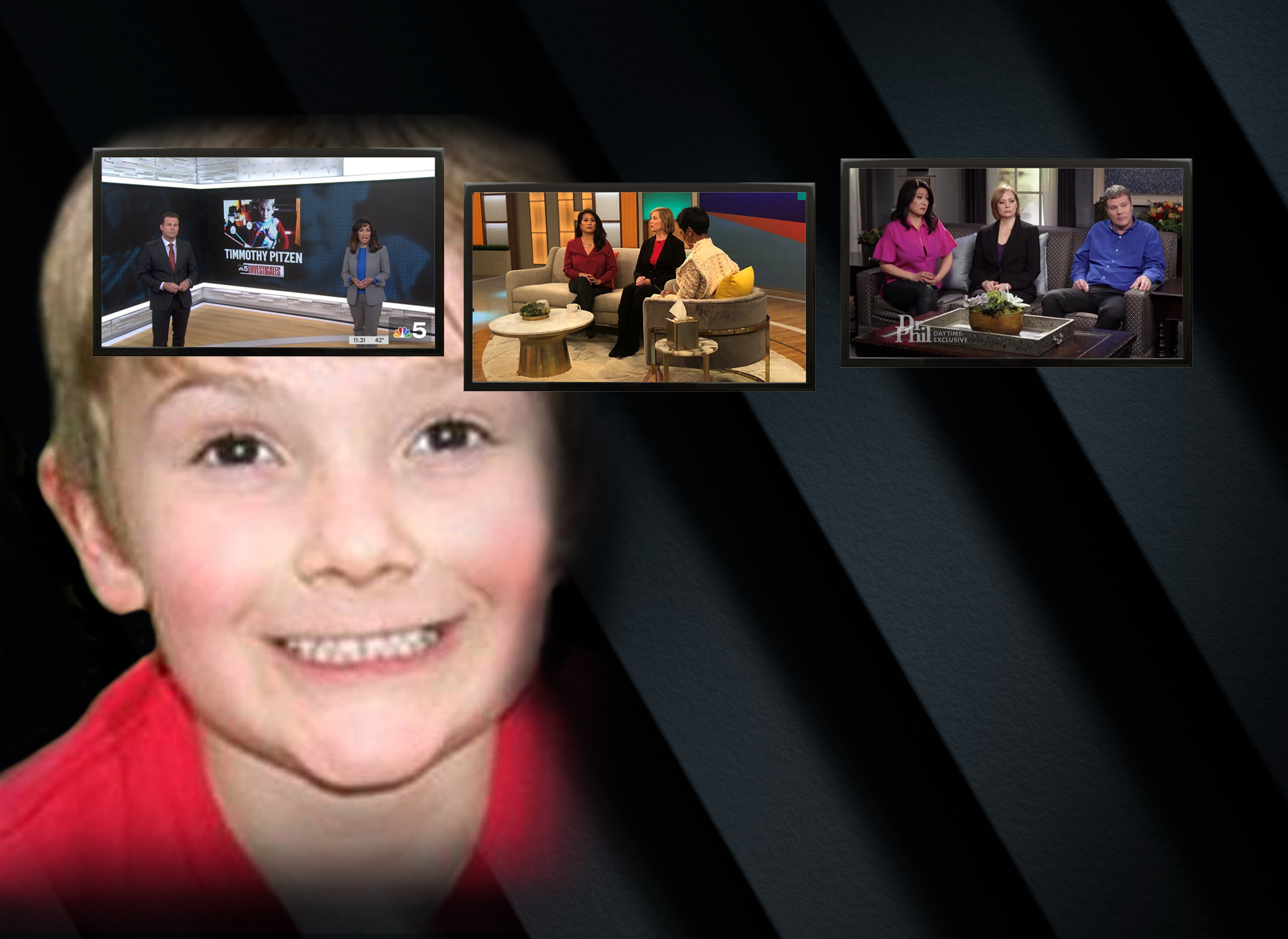 background image of little boy, white with blonde hair; three images in foreground of family giving media interviews