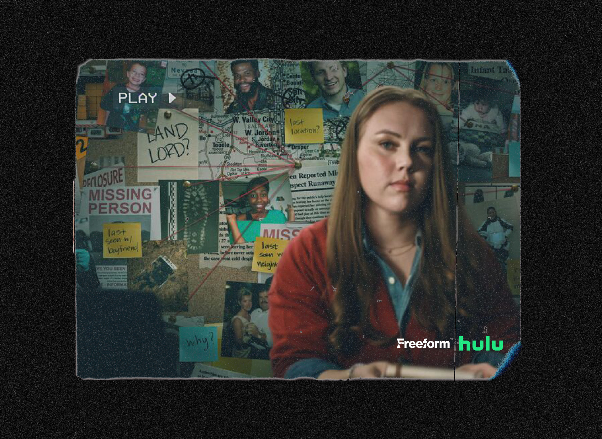 woman with long hair in foreground; background collage of crime boards