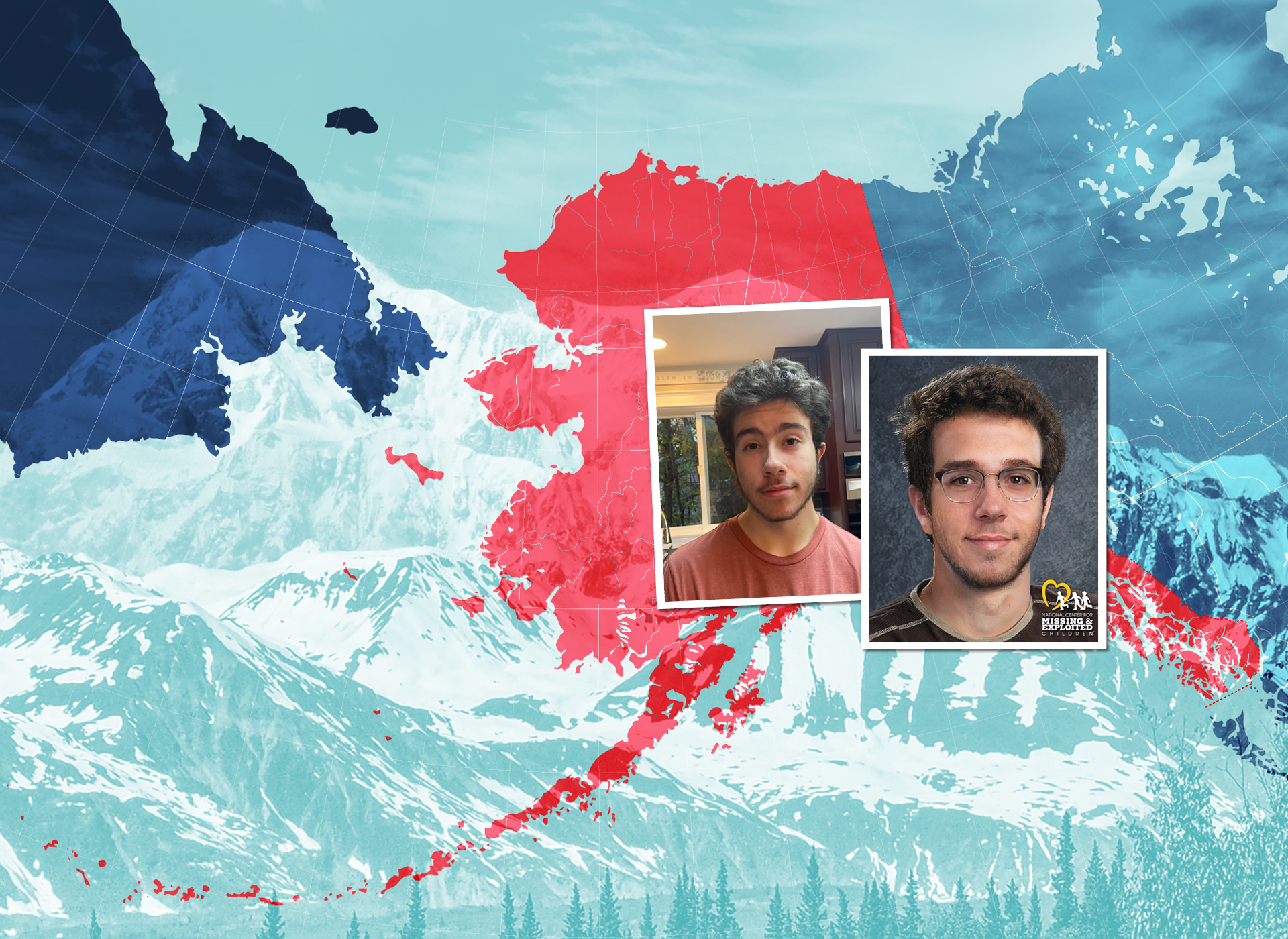 background: map of alaska; foreground: picture of teen boy with brown hair and his age progression to 18 next to it