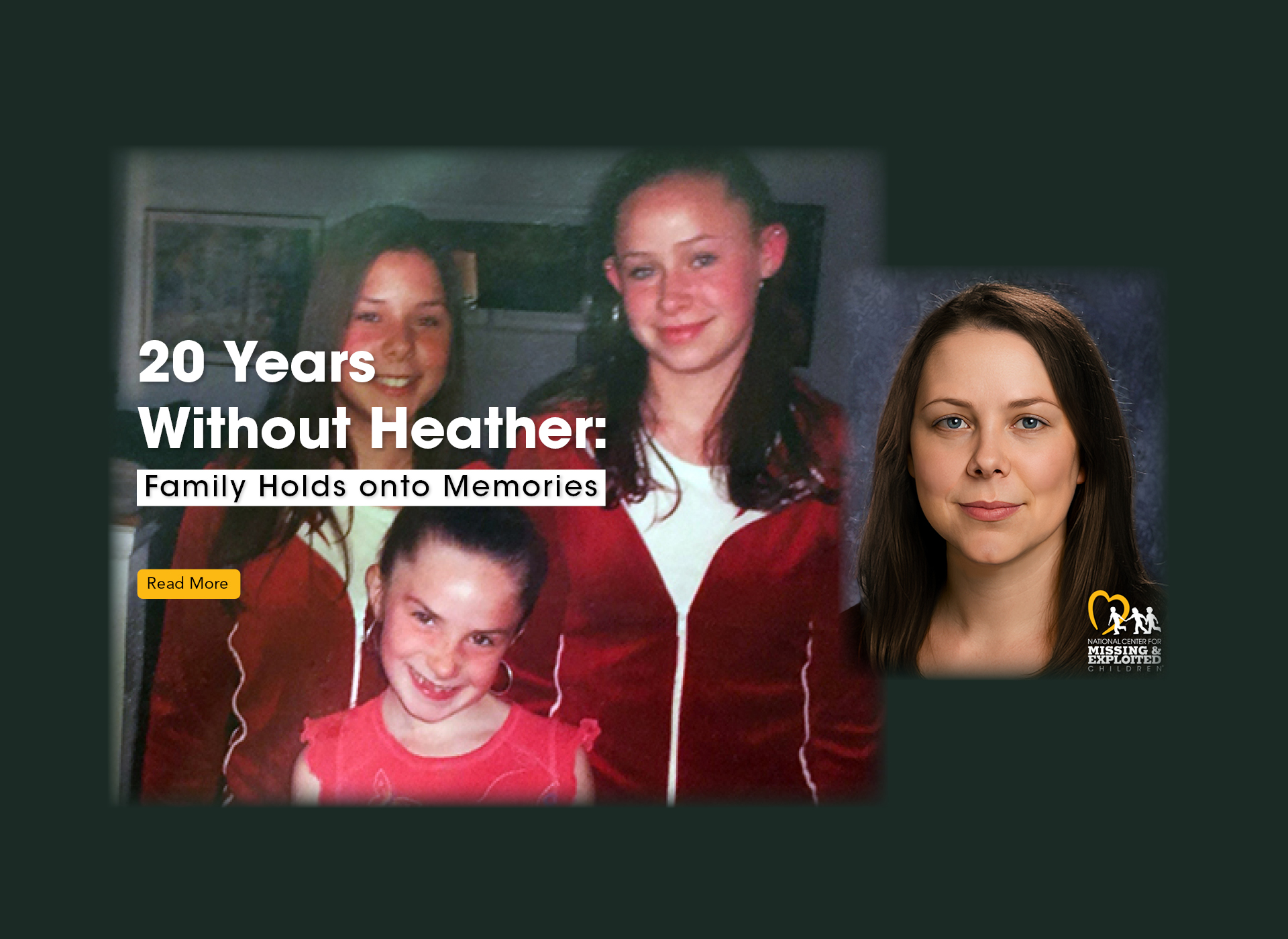 three brown haired girls smiling; inset of heather's age progression