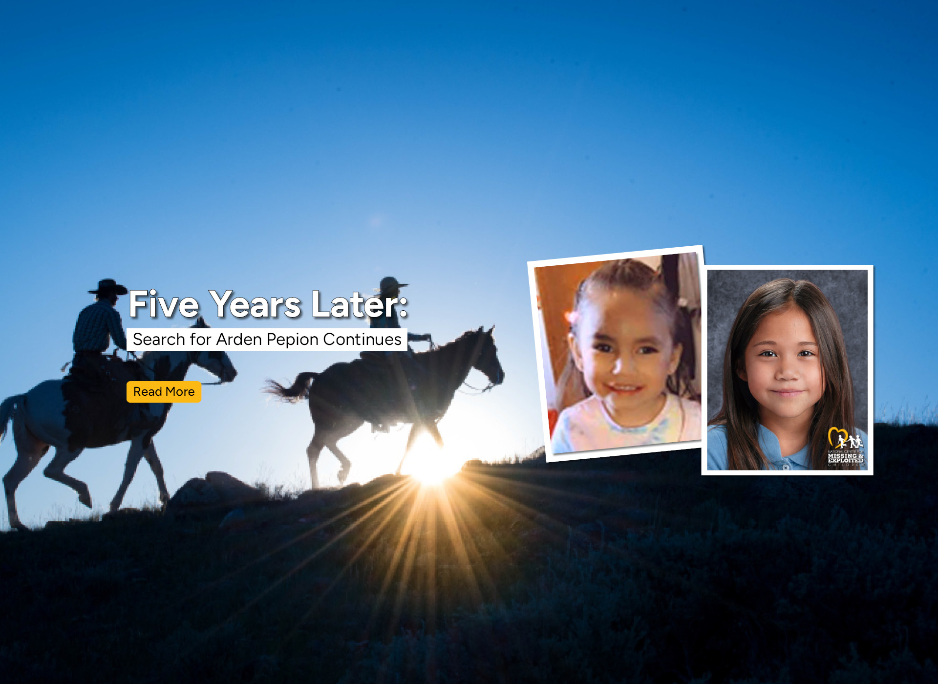 foreground: two images of arden as a 3 year old and age progressed to 8 -- both tan with brown hair; background: two people ride horses along a ridge in the sunset