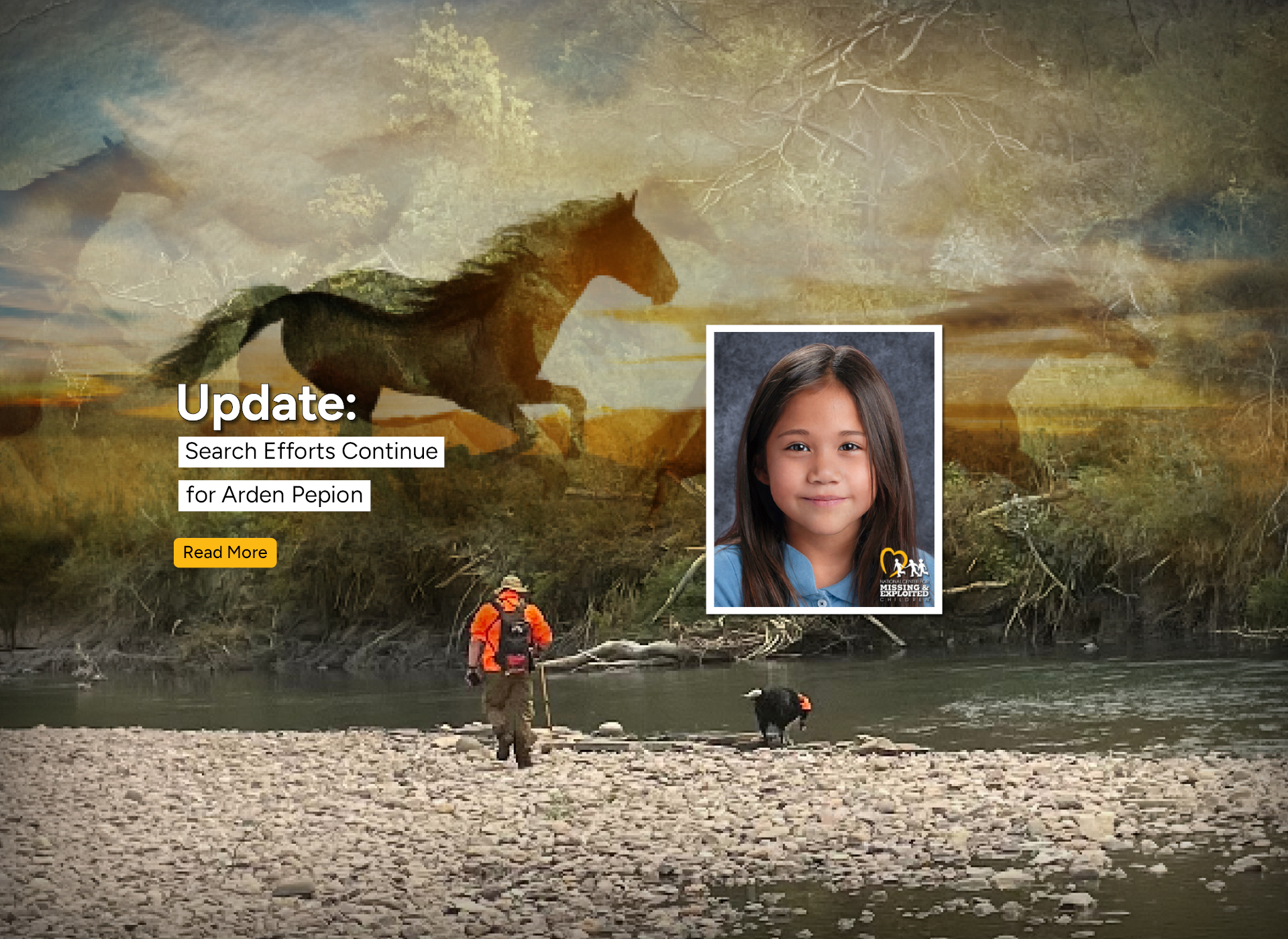 foreground image of native american girl with brown hair; background image of horse running