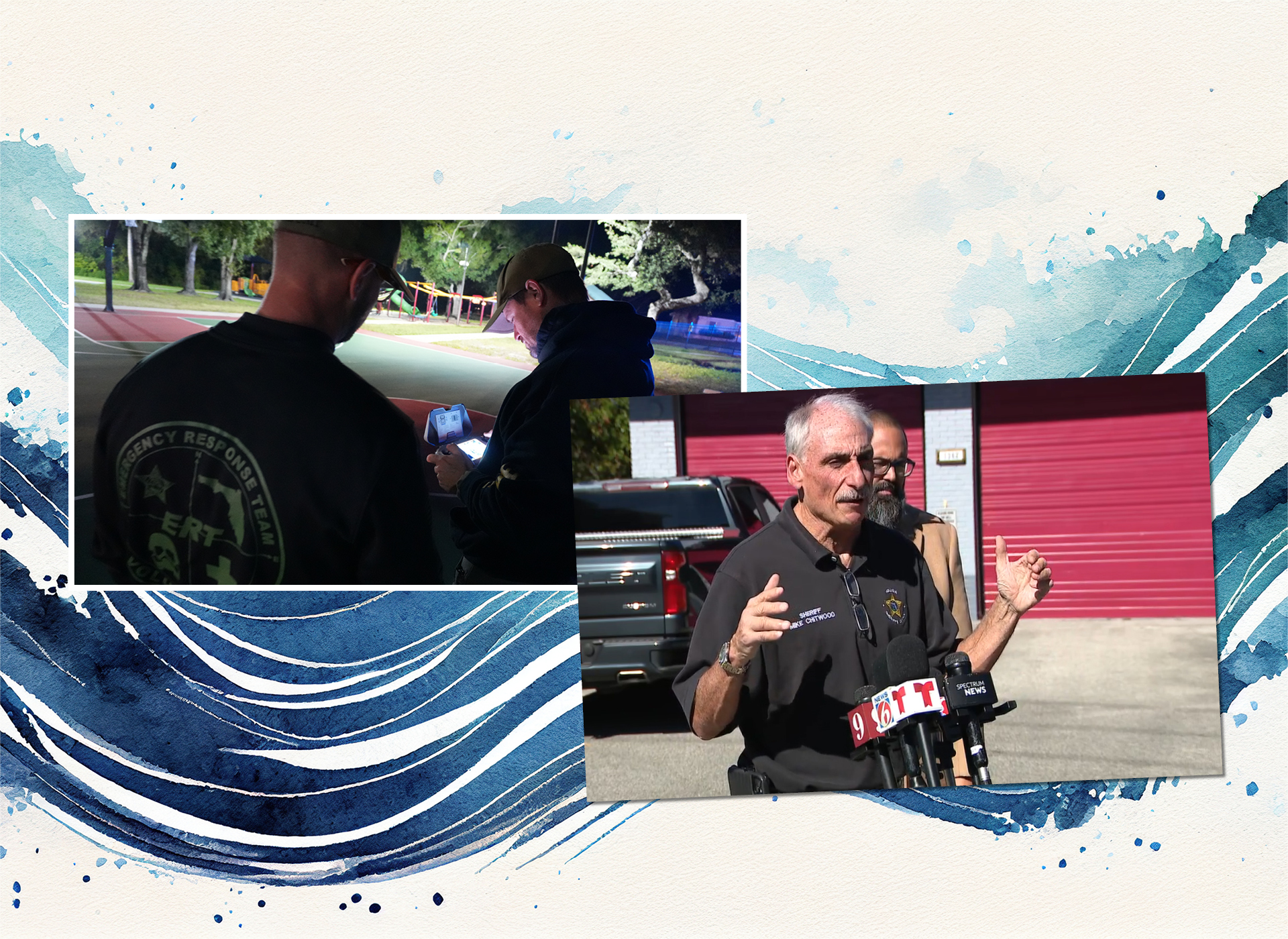 collage of two pictures: two officers talk to each other from behind; sherrif gives press conference; blue wavy background
