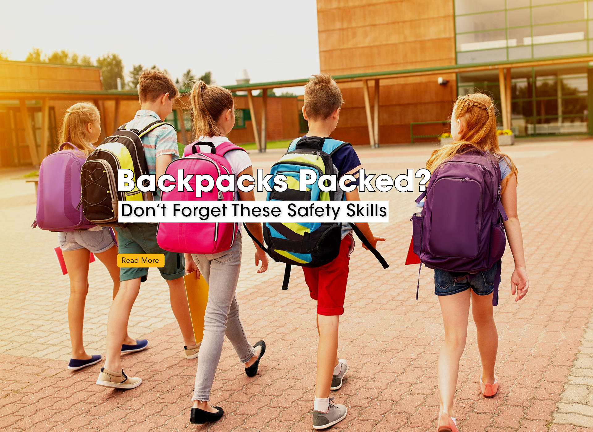 five children walk into school, we see their backpacks