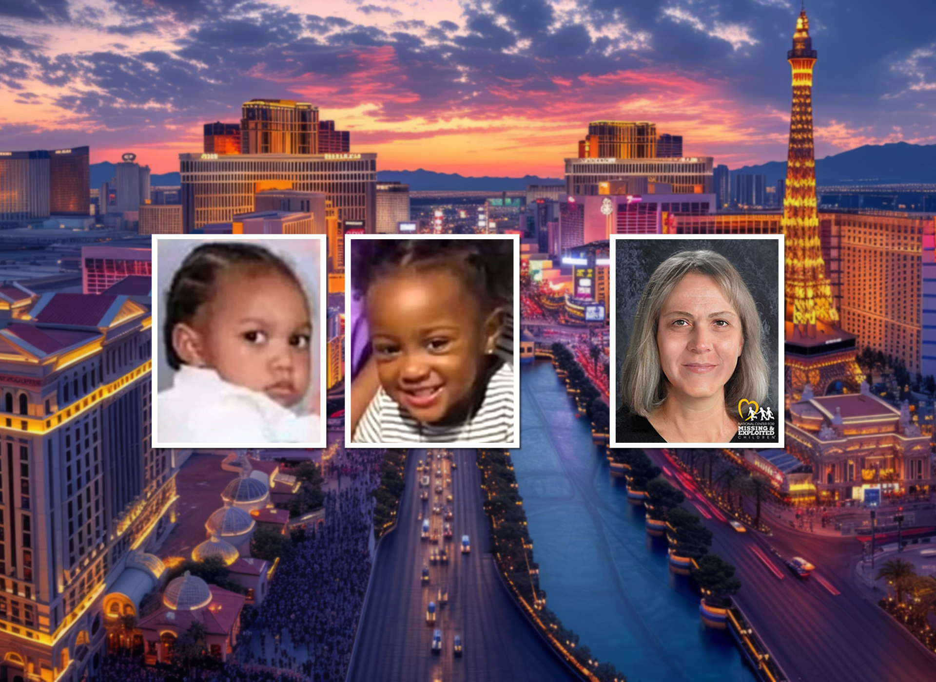 foreground three images: two black toddlers, one white older woman; background: las vegas strip