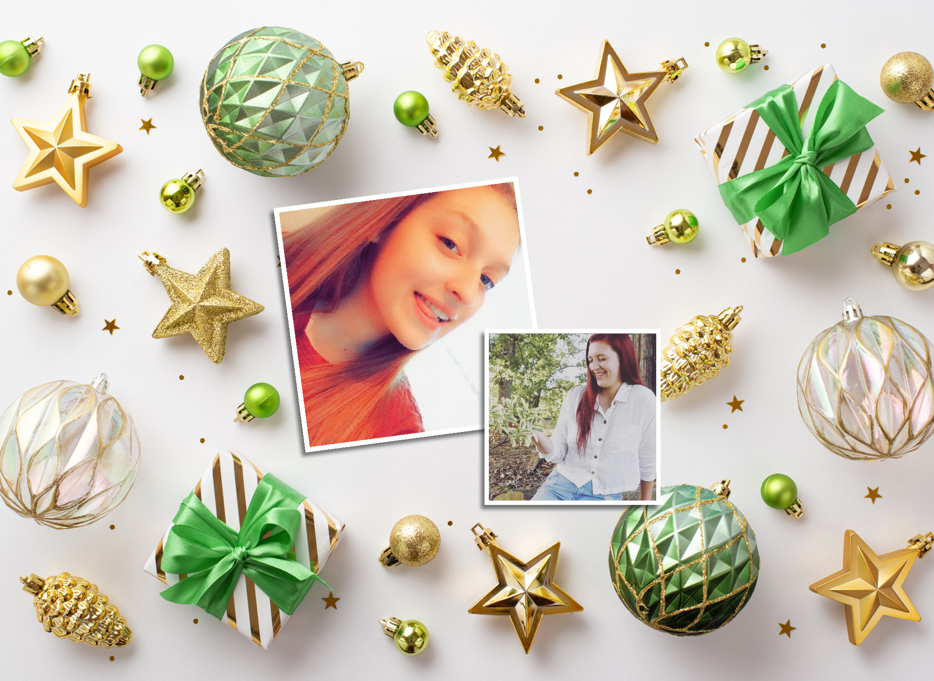 Images of Maya with christmas ornaments
