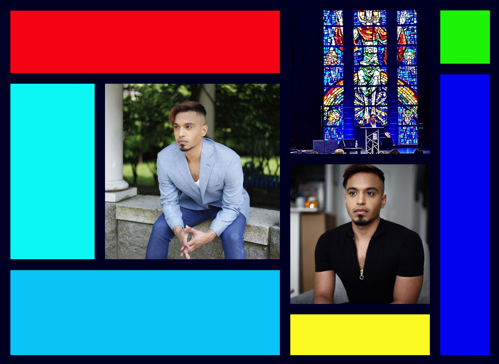 three pictures: jose in black top; jose in blue blazer; jose speaking in front of stained glass window