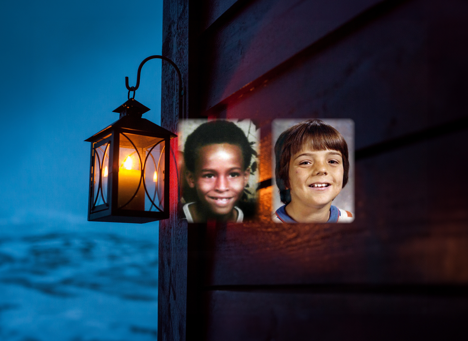 photo of james (age 14) black with short black hair;photo of chipley (age 13) white with brown hair in bowl cut on top of image of lantern with lit candle hanging off of a wall structure in the night