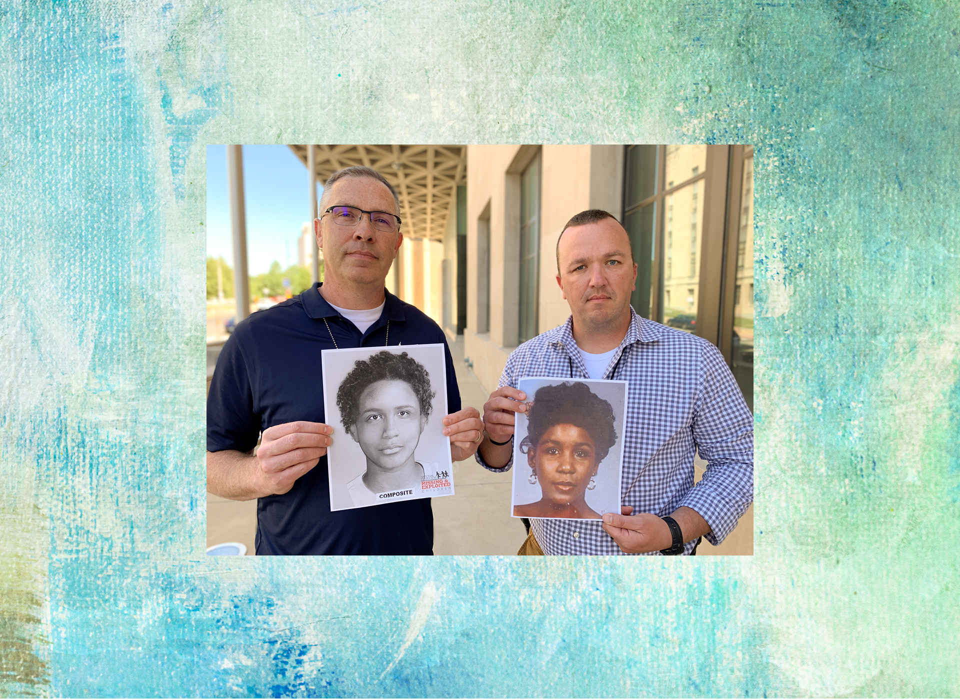 Police holding forensice reconstruction next to an actual image