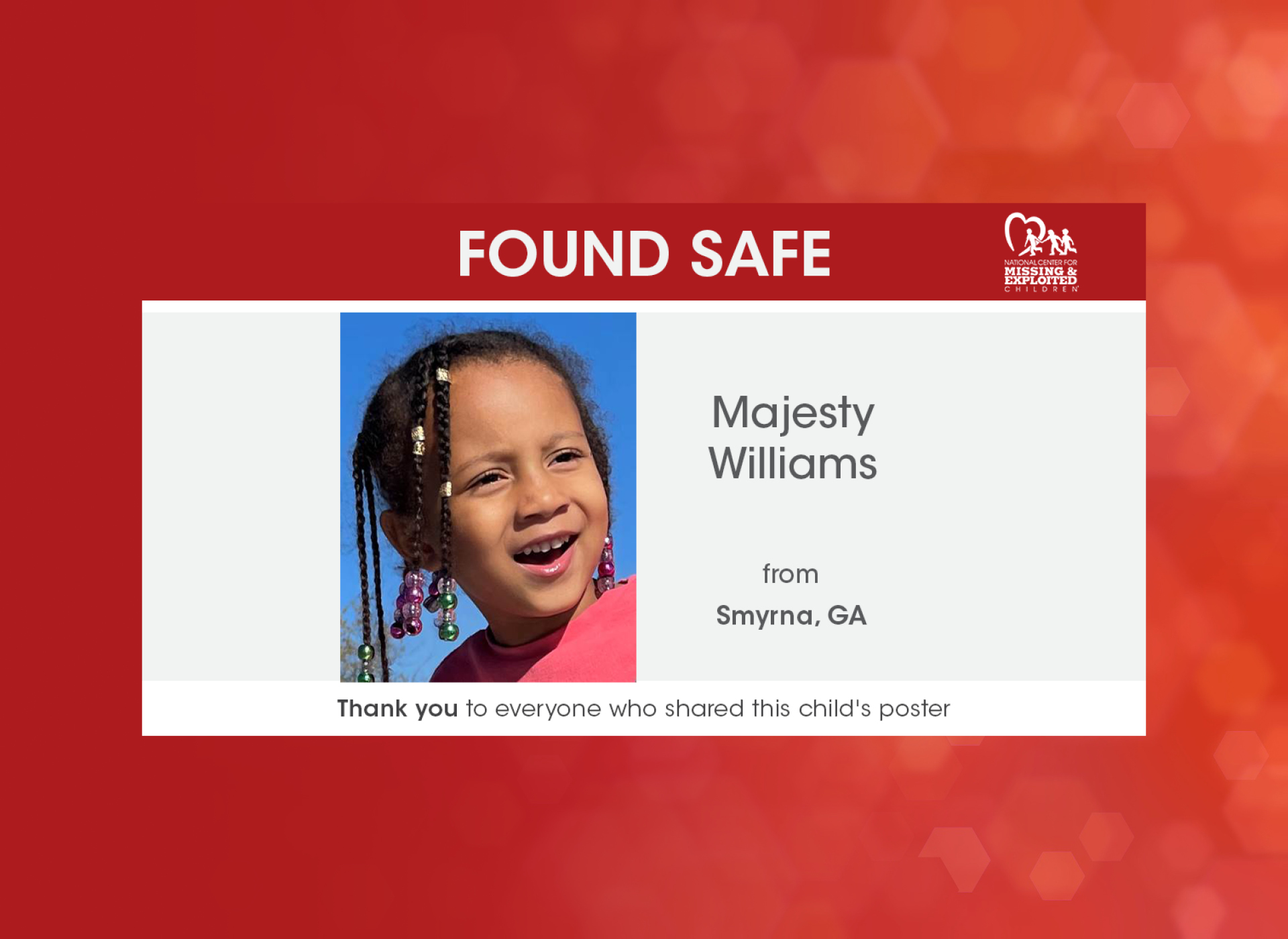 young girl, Majesty Williams is recovered