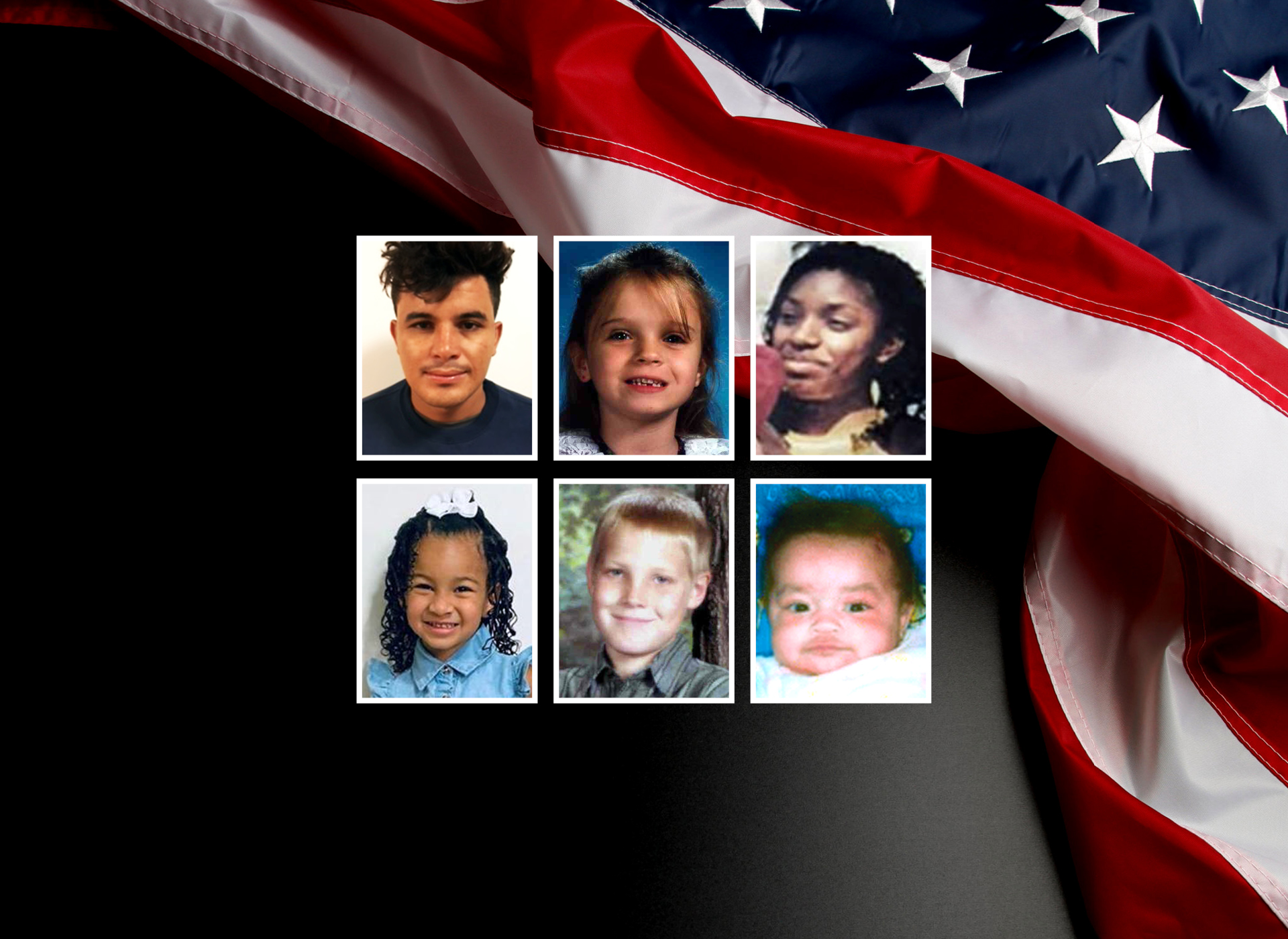 Missing children images with U.S. flag on background