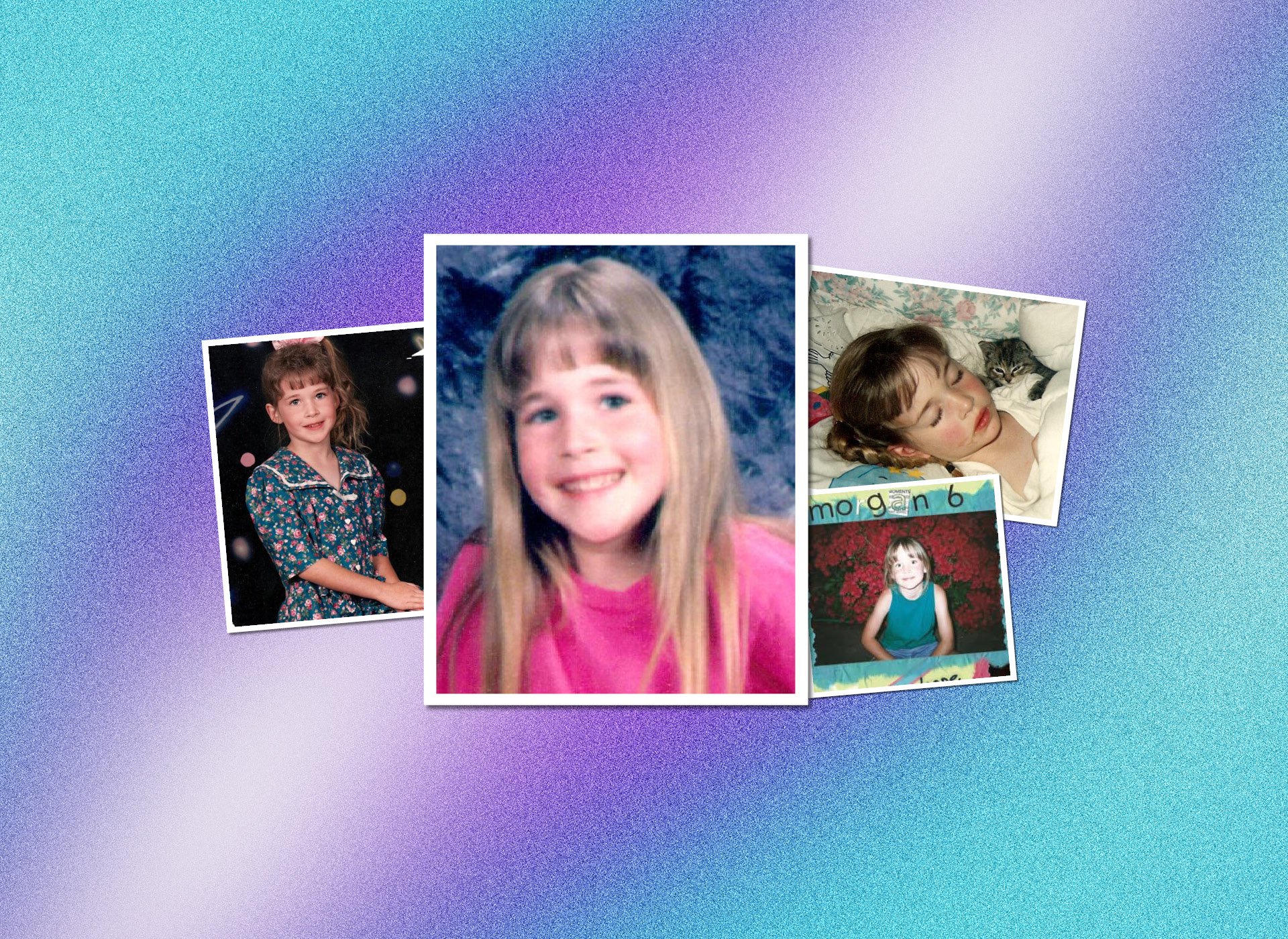 four picture collage of morgan, a blonde happy six year old
