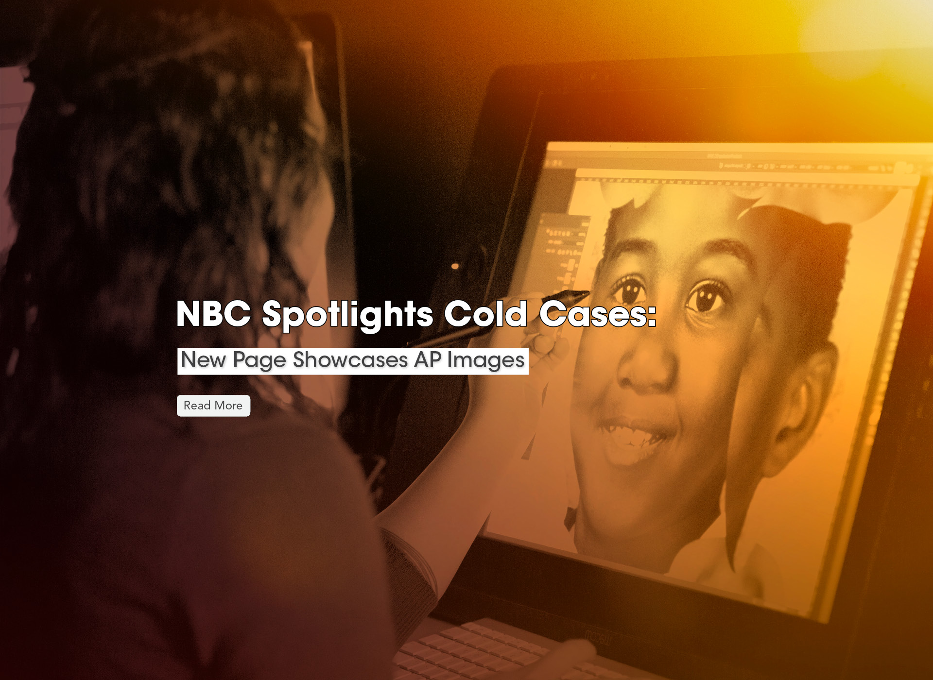 a ncmec forensic artist works on an age progression -- sepia toned; text in white: NBC Spotlights Cold Cases: New Page Showcases AP Images