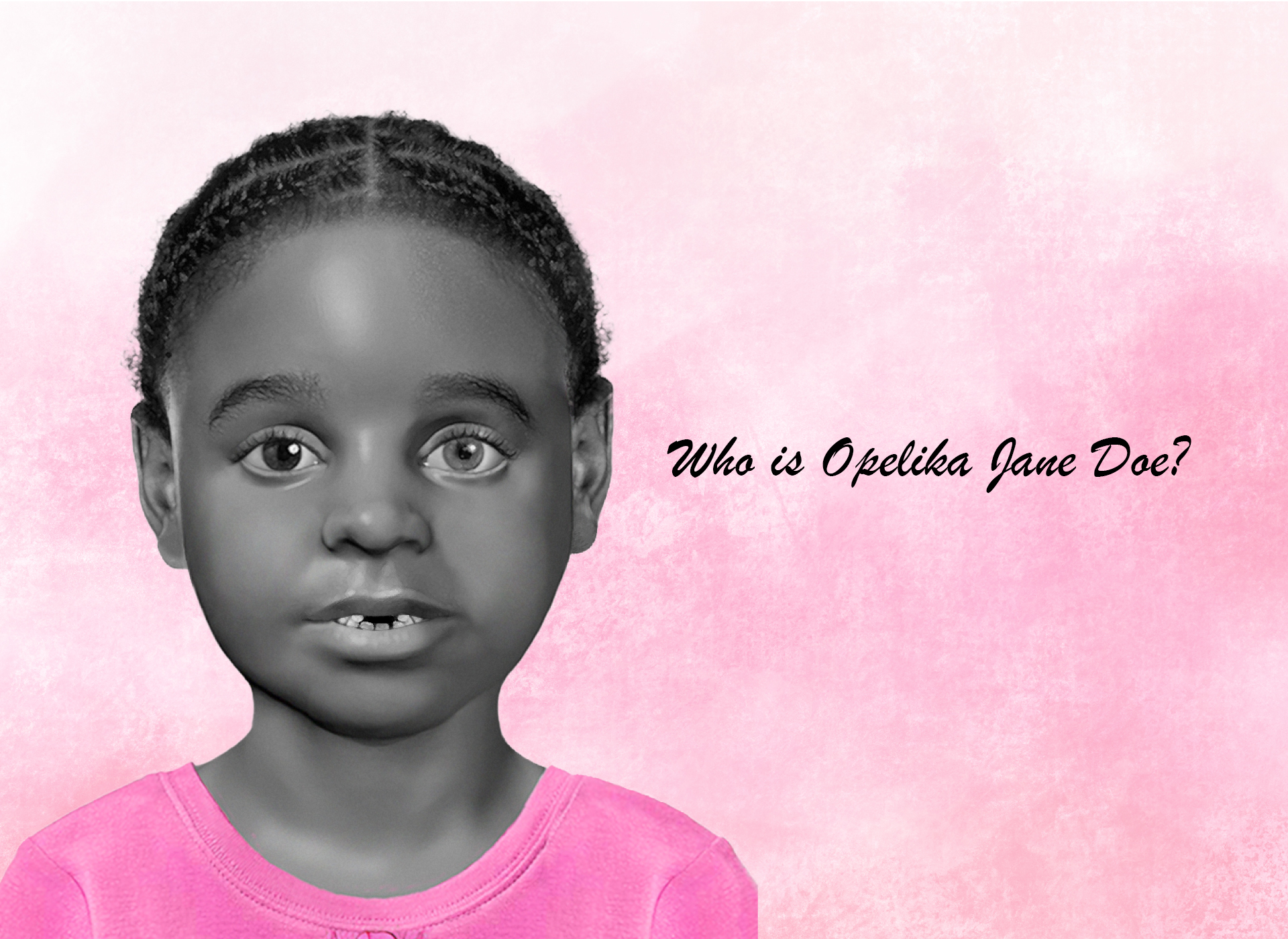 render of missing child- african american girl in pink shirt