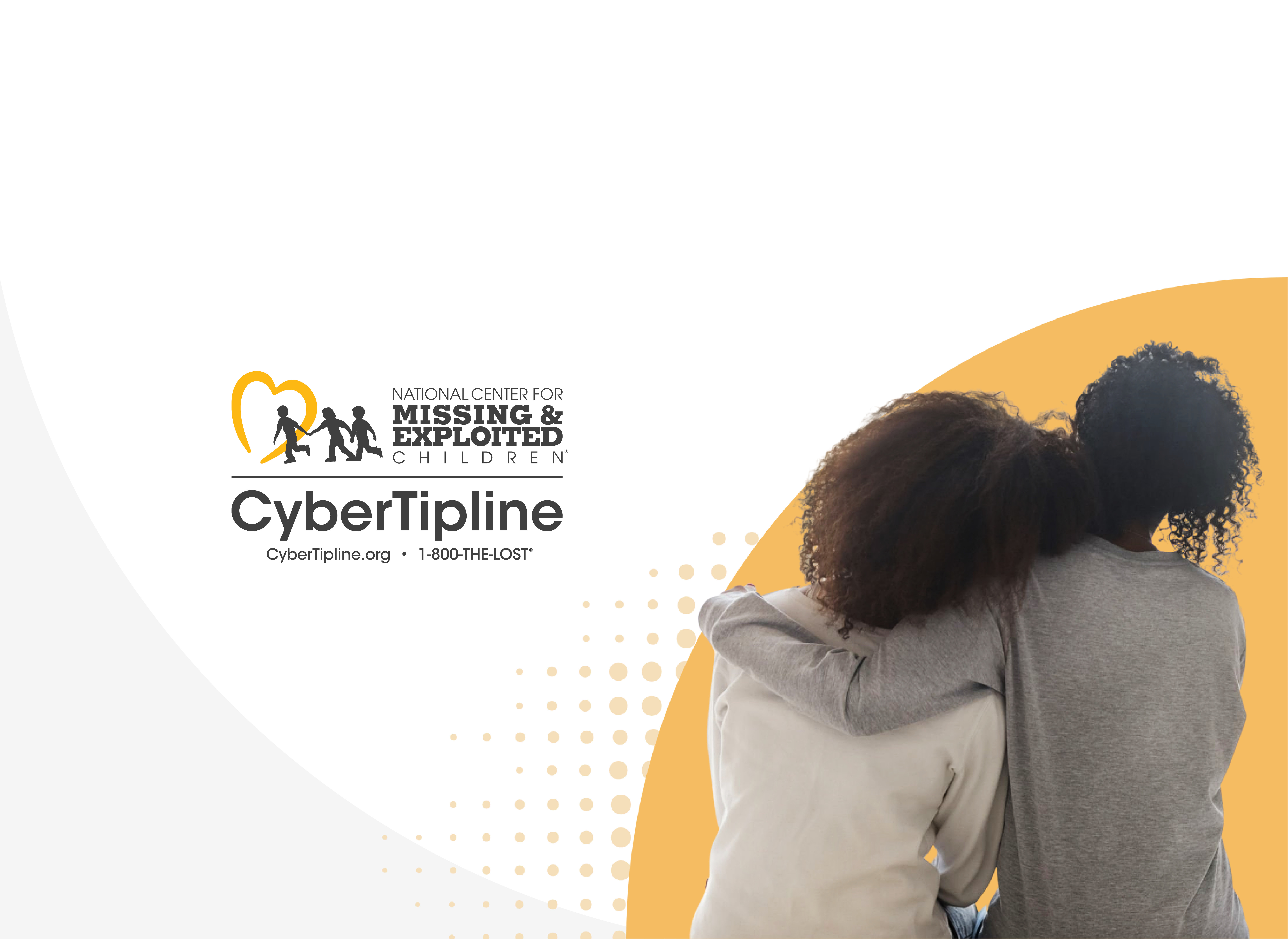 cybertipline logo (cybertipline.org, 1-800-THE-LOST0 with woman and child sitting with arms around each other and backs to camera
