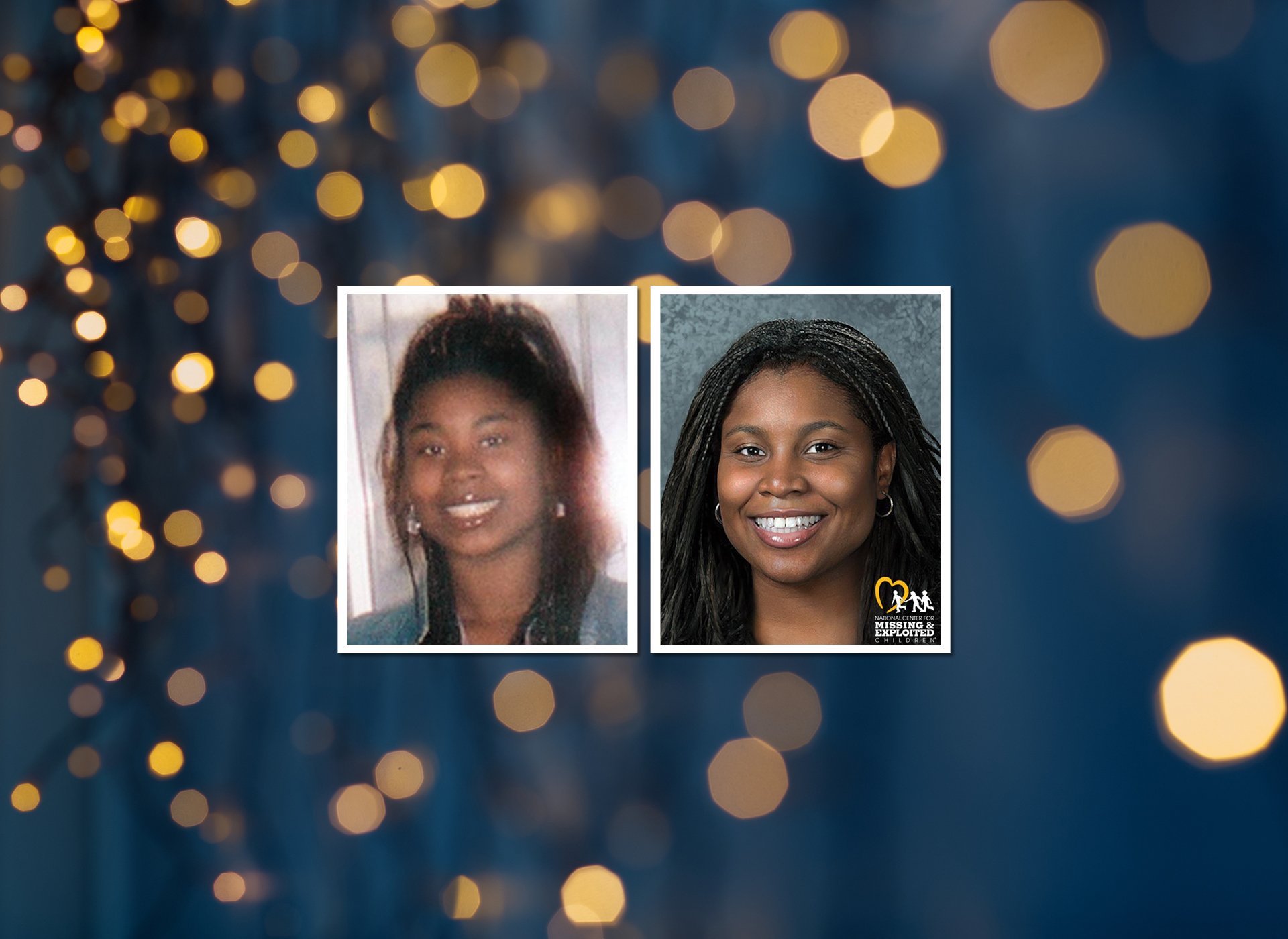 shemika at 16 next to her age progression photo at 31 against a navy blue background with twinkling yellow lights