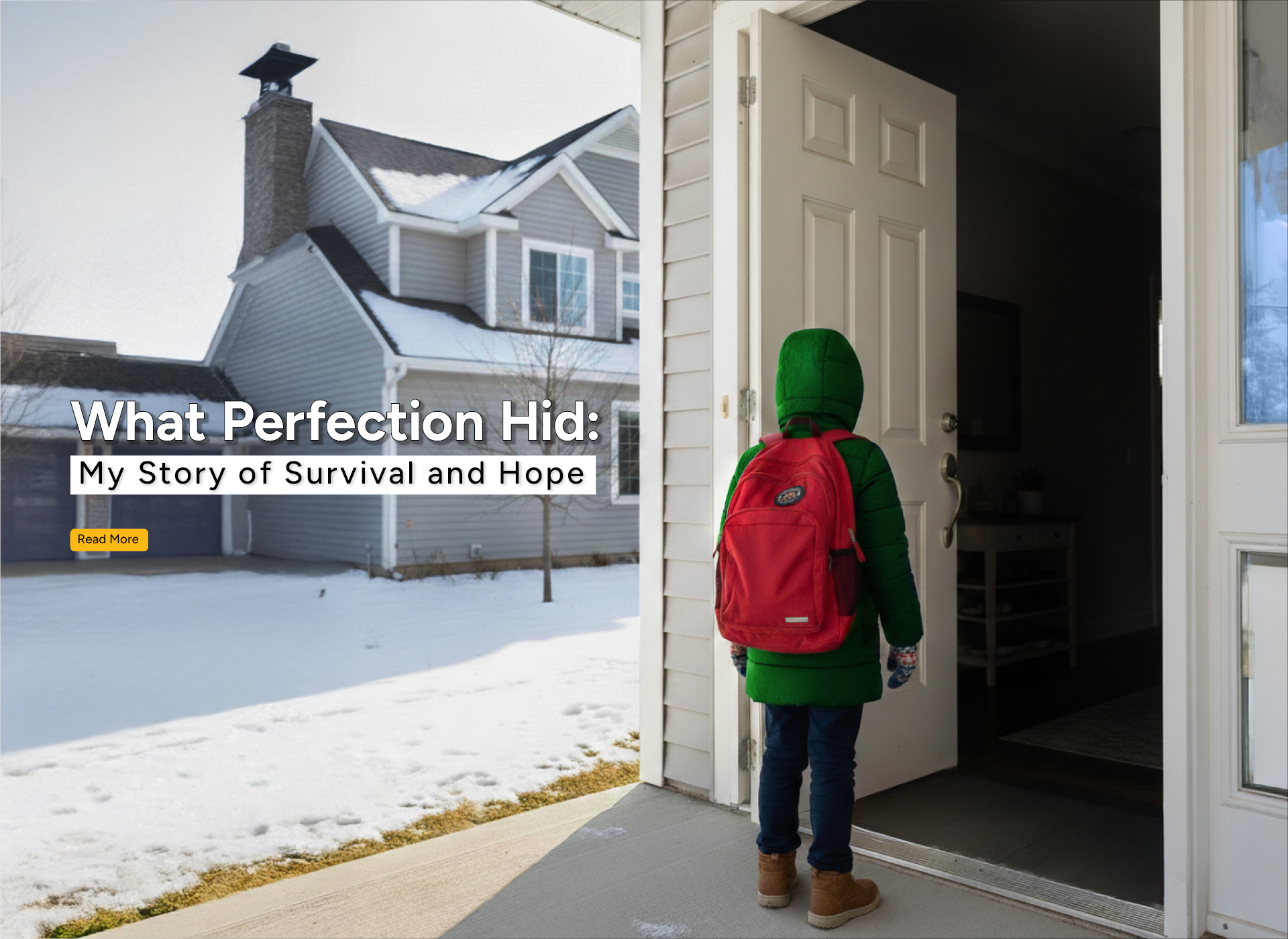 child with red backpack prepares to enter house