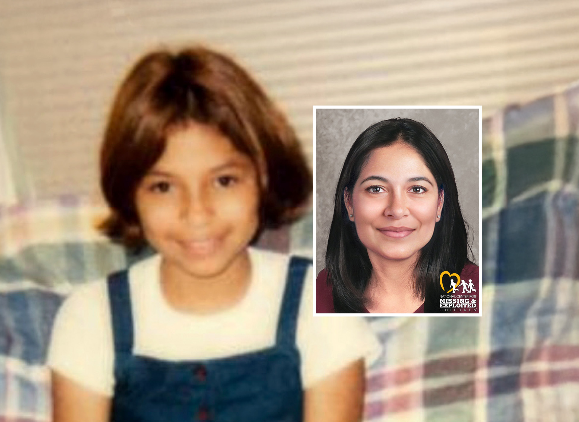 12-year-old girl with short brown hair smiles (left); yansis age progressed to 30s (right)