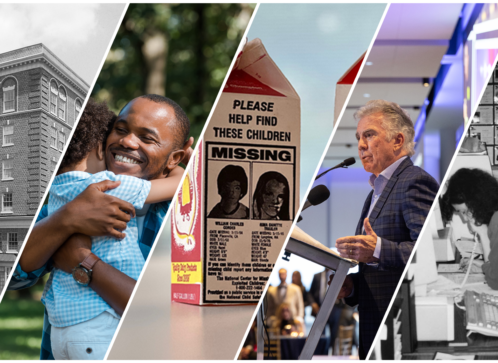 split screen collage of black and white brick building, adult hugging child, a milk carton with missing children information on it, john walsh speaking at a podium, woman on phone