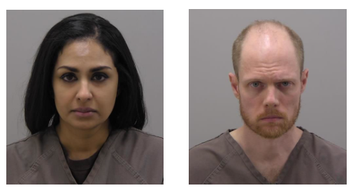 mugshots of rabia khalid (shoulder length black hair) and elliot blake bourgeois (balding with red beard)
