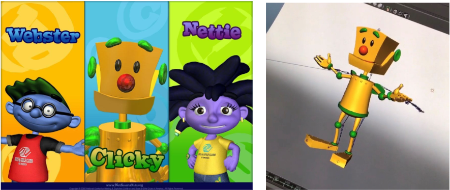 webster, clicky, and nettie on left; clicky full body on right