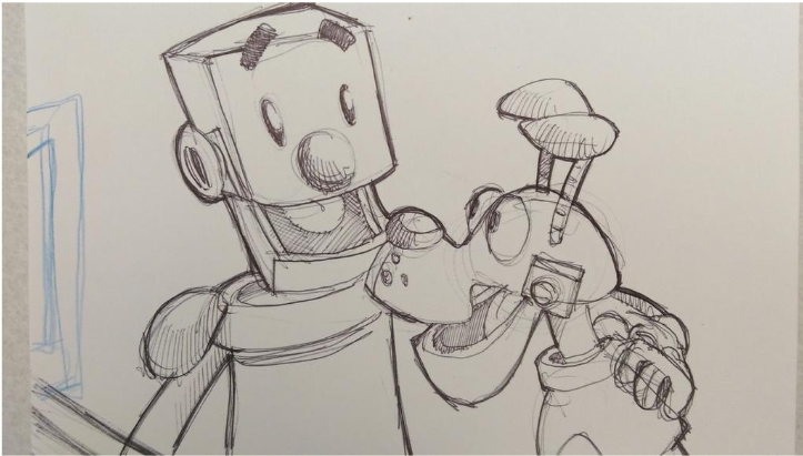 sketch of clicky (robot) and router (robot dog)